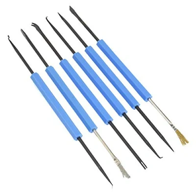 Imagen de Kit de ayuda soldadura 6 piezas: cepillo raspador cuchillo gancho horquilla y espiga doble cara herramientas PCB circuitos