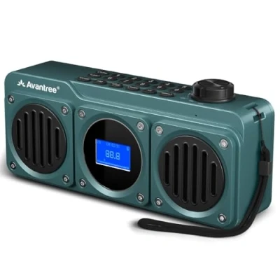 Imagen de Avantree Boombyte Radio FM Portátil Pequeña 4 en 1 y Altavoz Bluetooth con Duales (14W), Volumen Potente, Sonido Estéreo, Lector Micro SD Puerto USB, Reproductor de MP3 Recargable Azul
