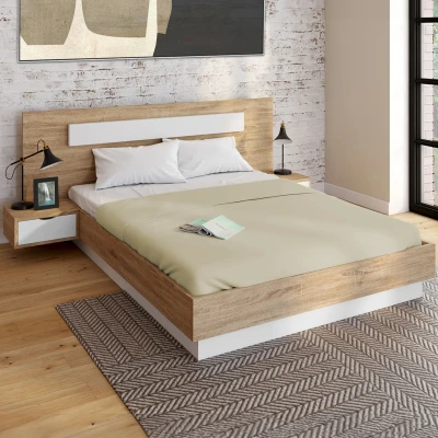 Imagen de Cama doble SANTA con cabecero + mesillas integradas y somier de 160 x 200 cm madera listones blancos IDMarket
