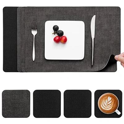 Imagen de Myir JUN Manteles Individuales y Posavasos, Salvamanteles de Cuero Juego 4 Mantel Individual Lavables Antideslizant Mesa Impermeables (Gris Negro, 4)