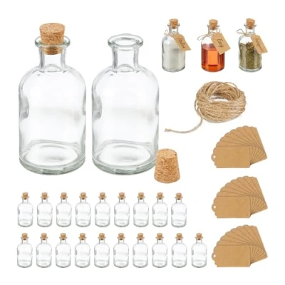 Imagen de Relaxdays Set 24 Botellitas Cristal, Mini Botellas con Corcho, 125 ml, para Rellenar, Decorativas, Transparente/Natural, Cartón