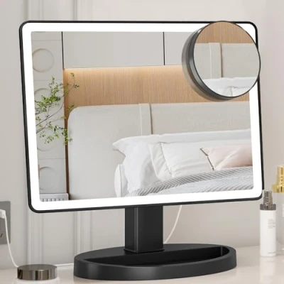 Imagen de espejo de maquillaje grande iluminado (modelo XL), 3 modos iluminación color con 88 LED, pantalla táctil rotación 360 y cosmético mesa aumento 10