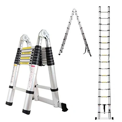Imagen de Escaleras Telescópicas de 5m, Extensible Aluminio, Ligera, Ahorra Espacio, Multiusos, para el Hogar, Oficina, Jardín, Loft. Portátiles Escalón Suave y Antideslizante