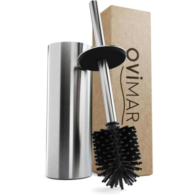 Imagen de ovimar escobillero Laeso de Silicona Plata Acero Inoxidable con Tapa l pie para baño y Aseo Invitados Cabezal reemplazable diseño Elegante