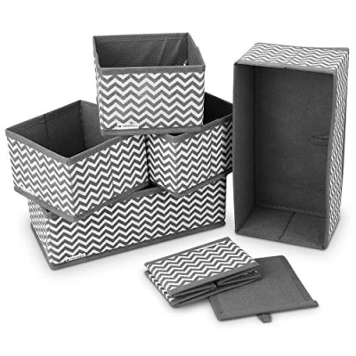 Imagen de Navaris 6x Caja de tela para almacenaje Set cubo plegable organizador cajones Cajas almacenamiento ropa juguetes Gris y blanco