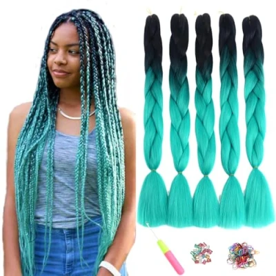 Imagen de ShowJarlly 5 Piezas Kanekalon Extensiones Pelo Africanas Trenzas, 24&quot; Sintetico Trenzas de Trenzado Cabello Para Ganchillo Negro/cian