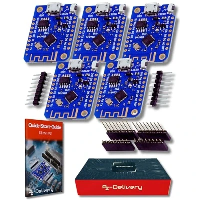 Imagen de AZDelivery 5 x Modulo D1 Mini V3 Placa de Desarrollo Inalámbrica Internet Las Cosas NodeMCU ESP8266EX CH340C 4 MB Compatible con Arduino E Book Incluido!