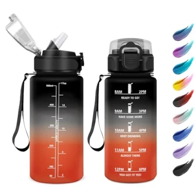 Imagen de Botella de Agua 500ml, Niño con Pajita, Fácil Abrir, Reutilizable, Motivacional a Prueba Fugas, Garrafa para Escuela, Colegio, Deportiva, Bicicleta, Gimnasio
