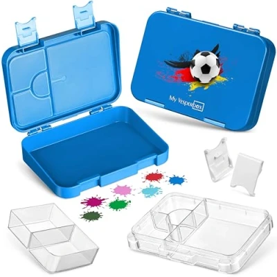 Imagen de My Vesperbox Len Bento Box Niños Fiambrera con 4 + 2 compartimentos Extremadamente resistente ideal para la guardería y escuela… (azul fútbol)