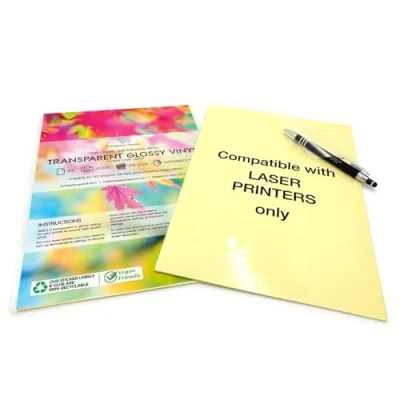 Imagen de 10 hojas de vinilo transparente y brillante, autoadhesivas, calidad, A4, para imprimir a láser, unidades