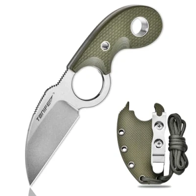 Imagen de TONIFE Crescent Cuchillo de Cuello al Aire Libre Hoja Fija 8Cr14MoV Acero con Funda Cordón y el Clip Full Tang Supervivencia (Verde+Piedra)
