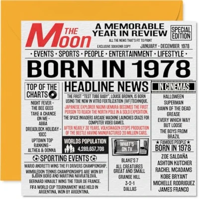 Imagen de tarjetas de cumpleaños número 46 para hombres y mujeres Born In 1978 Newspaper Tarjeta feliz mamá, papá, tío, tía, vintage, retro, en 1978, 145 mm x mm,