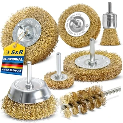 Imagen de S&amp;R Juego 7 Cepillos de Alambre para Taladro Metálicos Laton en Acero Madera y Metal. Profesionales Pulir Lijar