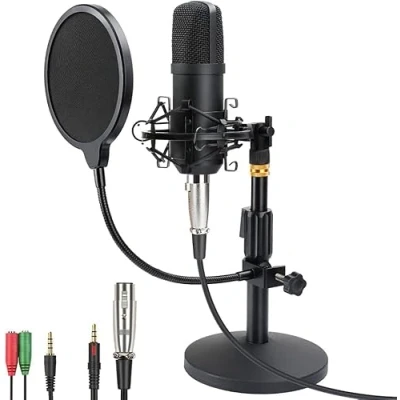 Imagen de micrófono para PC de Streaming Podcast, kit condensador cardioide estudio profesional 192 KHZ/24 Bit con soporte sobremesa, filtro pop Skype, Youtube, canto, grabación