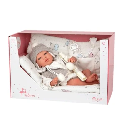 Imagen de ARIAS Muñeca Reborn Vega de 40 cm con Manta Blanca, Bebé Realista Ropita Gris, Chupete y Pañal, Extremidades Vinyl Cuerpo Blando, Juguete para Niños Niñas Desde +3 años (ARI98075)