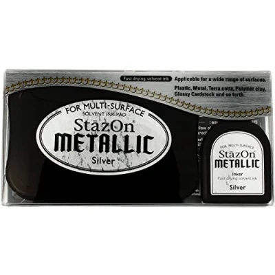 Imagen de Tsukineko Tinta STAZON Metallic para Vidrio y plástico metálica Opaca Color Plata Almohadilla Recarga