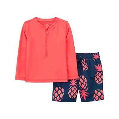 Imagen de Simple Joys by Carter&#039;s Swimsuit Trunk and Rashguard Set Juego de protección Sarpullido, Azul Marino Piña/Naranja Coral, 12 Meses bebés niños