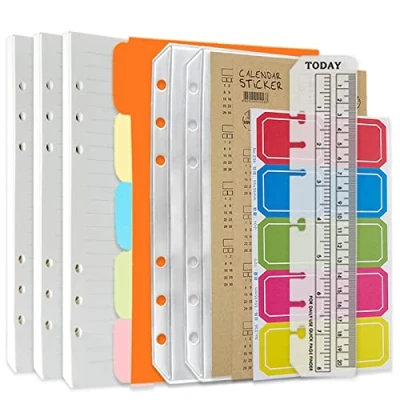 Imagen de DY.2ten Juego de cuadernos A5 recargables, 3 paquetes papel repuesto con forro A5, bolsillos transparentes separadores pestañas índice, marcador regla