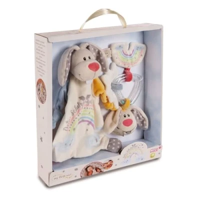 Imagen de NICI Set MyFirstNICI doudou y aro sonajero Conejito guardián Dein Schutzengel en Caja de Regalo 32x30x6,3cm Beige, Dibujo Animado, Color con Texto alemán, Baby (48678)