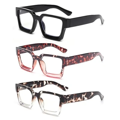 Imagen de JM Paquete de 3 Gafas Lectura Cuadrados, Presbicia con Bloqueo a Luz Azul Para Mujere Hombre Bisagras Resorte +0.0