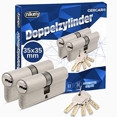 Imagen de GERCAR Juego de 2 cilindros para perfil, cierre uniforme, 70 mm, cilindro doble 35/35, latón mate, incluye 10 llaves, longitud: A: 35 B: x