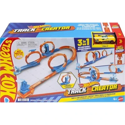 Imagen de Hot Wheels Pack de triple looping conjunto pista con coche juguete, vehículo a escala 1:64 y componentes construcción 3 loopings, pistas Speed Snap adaptadores, JDW39