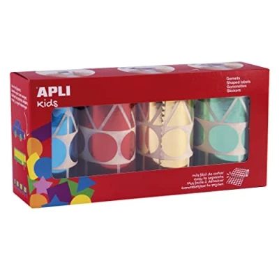 Imagen de APLI Kids 19191 Pack de 4 rollos gomets metalizados geométricos surtidos 27 mm Pegatinas educativas en color azul, rojo, amarillo y verde