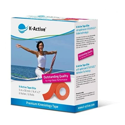 Imagen de K Active Kinesiologie Tape NARANJAcon tecnología adhesiva STRATAGEL® PLUS, hidrorrepelente e hipoalergénico, 50 mm x 5 m, caja de 6 unidades