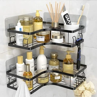 Imagen de MOSUO Estanteria Baño, 2 Piezas Ducha Esquina, sin Taladro Acero Inoxidable con 8 Ganchos y 6 Adhesivos para Cocina/Baño Negro