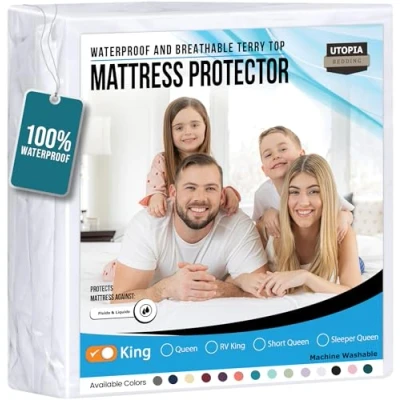 Imagen de Utopia Bedding Protector de colchón Impermeable para Cama King 198 x 203 cm, se Adapta a colchones hasta 43 cm Profundidad, Individual Rizo