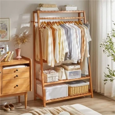 Imagen de unho Perchero Burro de Bambú, Armario Abierto Madera Pie con 3 Estantes y 10 Ganchos para Ropa Zapatos Bolsas Canastas Multifuncional Dormitorio Salón 80 x 44 165cm