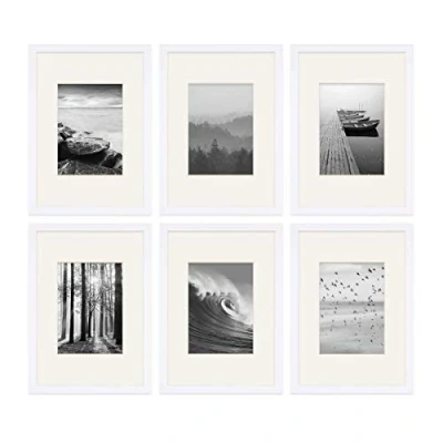 Imagen de PHOTOLINI marcos A4 21x30 cm blanco madera MDF, set de 6 para pósteres con paspartú 13x18 cm, cristal acrílico, colgar y poner pie, incluye accesorios fotos, láminas