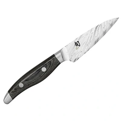 Imagen de KAI Shun Nagare Cuchillo de oficina con hoja 9 cm 72 capas acero Damasco VG 2 y 10 núcleo dual Mango madera Pakka gris negro Hecho a mano en Japón para pelar