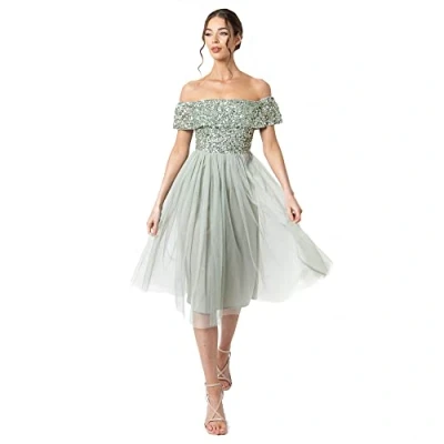 Imagen de Maya Deluxe Vestido Midi Adornado con Bardot Dama de Honor, Lirio Verde, 40 para Mujer