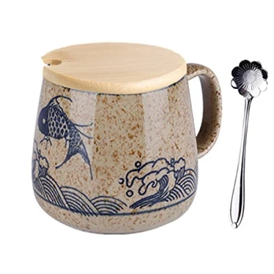 Imagen de Taza de café con tapa,Taza leche cerámica tapa,Cappuccino Tazas gres 400ml,Taza japonesa agua pintada a mano bajo glaseado Gran capacidad desayuno