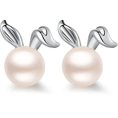 Imagen de Pendientes Perlas Conejito Plata Aretes Agua Dulce Mujer,Pendientes Perlas,Pendientes Gota Perlas,Aretes Oro Blanco
