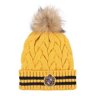 Imagen de Harry Potter Gorro, Gorro Invierno para Niños Adolescentes y Adultos, Hogwarts, Pom Hufflepuff, Accesorios de Amarillo