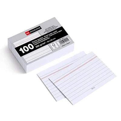 Imagen de Miquelrius Flashcards, 100 Fichas para Notas, Rayado Horizontal, Tarjetas Estudio, Papel Cartulina Offset de 200 g/m², Tamaño 65 x 95 mm