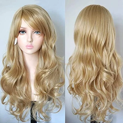 Imagen de YEESHEDO Encantadora peluca larga rubia ondulada y rizada con flequillo para mujer, disfraz de fiesta cosplay (rubio)