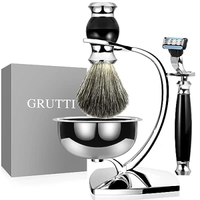 Imagen de GRUTTI 4 en 1 Kit de afeitar Set Cepillos, Soporte Brocha pelo tejón punta plata negra tazón maquinilla Herramientas Afeitado