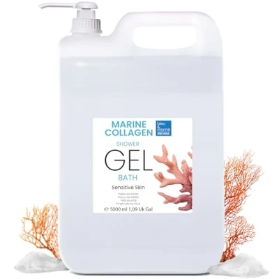 Imagen de Gel de Ducha Perlado Extra Delicado con Colágeno, Triple Accion: Limpiador Facial, Corporal y del Cabello. Efecto Reafirmante Anti Edad. Cuidado Piel Atopica, Sensible Seca 5000 ml
