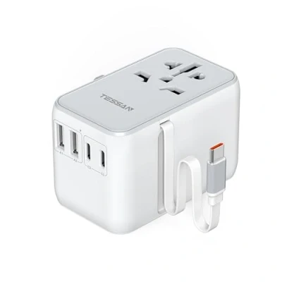 Imagen de TESSAN Adaptador Enchufe Universal con retráctil Cable USB C PD 35 W, Viaje 4 y 1 CA, Ingles a Español para USA Japón Suiza Irlanda Tailandia China Canadá