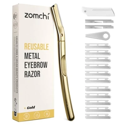 Imagen de ZOMCHI cuchillas dermaplaning facial con 11 para mujeres y hombres, recortadora de cejas tapa protectora silicona, maquinilla afeitar cejas, Oro mate