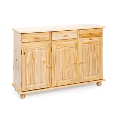 Imagen de Inter Link Cómoda rústica Aparador Buffet Estilo rústico Pino macizo 3 puertas cajones Lacado natural Abaco