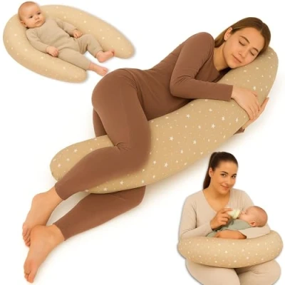 Imagen de Almohada de lactancia XXL para dormir lado embarazo posicionamiento algodón Adultos con funda 190 cm Beige estrellas blancas