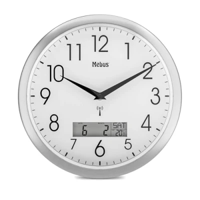 Imagen de Mebus Reloj de Pared inalámbrico, 29 cm, silencioso, Pantalla LCD Fecha y Temperatura, Color Blanco, Modelo 19422 Multifuncional silencioso