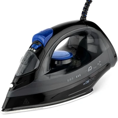 Imagen de Plancha de vapor Clatronic DB 3703, suela especial acero inoxidable, depósito agua (aprox. 150 ml), alimentación por cable mediante articulación giratoria 360, negro/azul