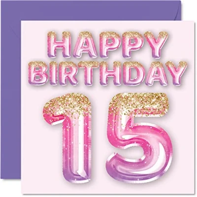 Imagen de Stuff4 Tarjeta de cumpleaños número 15 para niñas, globos purpurina rosa y morada, tarjetas feliz niñas años, hija, hermana, nieta, prima, 145 mm x mm,