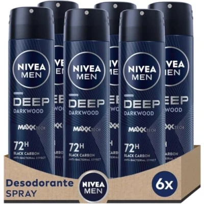 Imagen de NIVEA MEN DEEP Darkwood Spray en pack de 6 (6 x 150 ml), desodorante hombre con protección 72 h, antitranspirante para el cuidado masculino