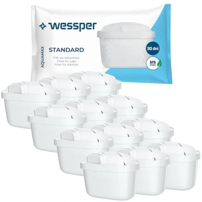 Imagen de Wessper Cartucho de filtro agua compatible con jarra Brita Maxtra, carbón activo y resina intercambio lona, cartuchos agua, 12 unidades, color blanco